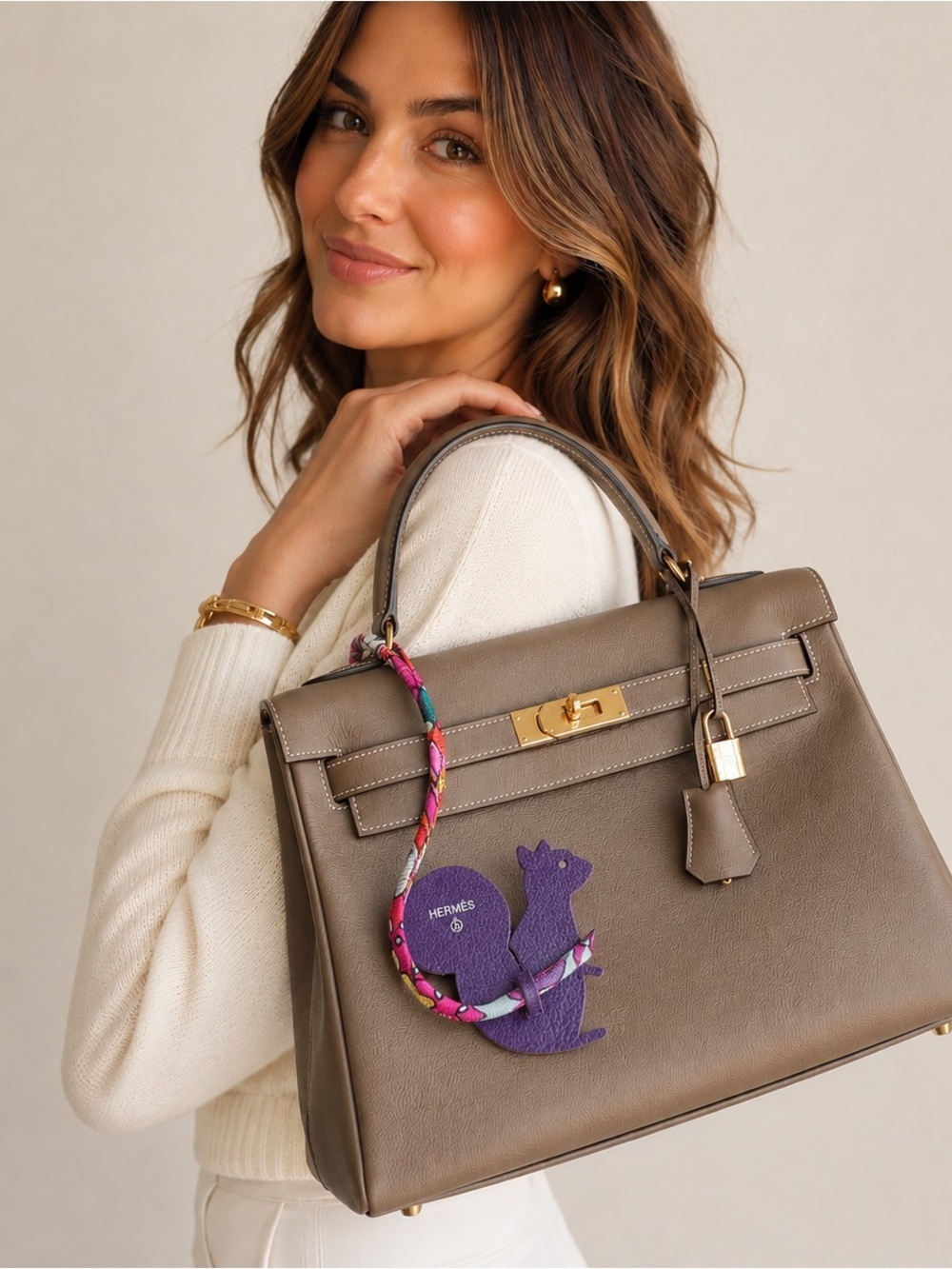 Hermès Petit h Squirrel Bag Charm Purple Leather Silk Twill Cord w/ Box